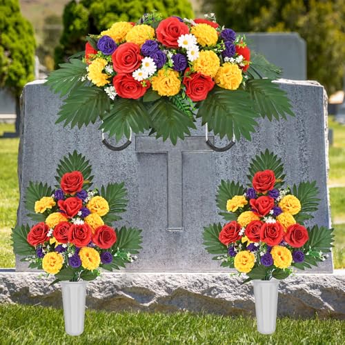 Silky Flower Store Artificial Cemetery Flowers with Vase, Headstone Saddle, Red Rose Yellow Carnation Memorial Décor, 28 x 11 in 4 4 Product: 3 Sets Artificial Cemetery Flowers for Grave, Realistic Cemetery Flowers with Vase, Headstone Flower Saddle, Rose Carnation Flowers for Memorial Cemetery Grave Tombstone Decorations