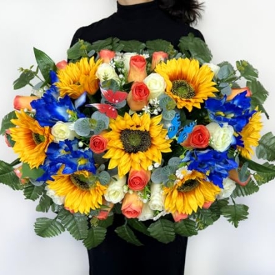 Product: Naramiji Artificial Cemetery Flowers for Grave Decoration: Sympathy & Memorial Bouquets with Headstone Saddle – Sunflower, Rose, Cattleya – Fade-Resistant