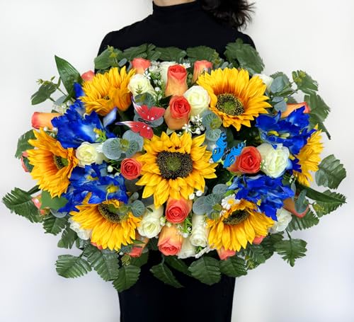 Product: Naramiji Artificial Cemetery Flowers for Grave Decoration: Sympathy & Memorial Bouquets with Headstone Saddle – Sunflower, Rose, Cattleya – Fade-Resistant