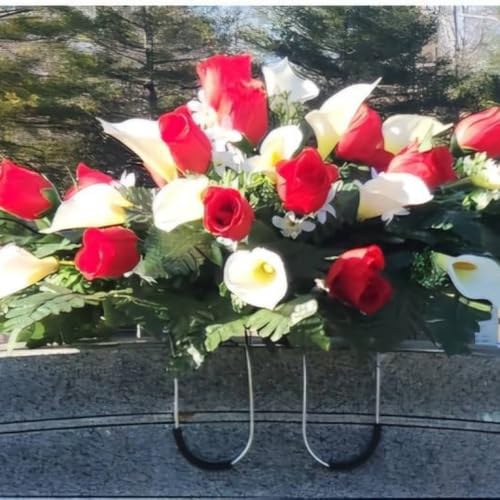 Product: Cream Calla Lilies Headstone Saddle, Roses Royal Blue Filler Grave Flowers for Perfect Cemetery Decoration Garland for Table Centerpiece Holiday Party Weddi