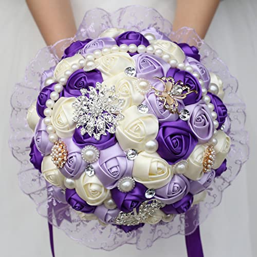 Product: Gkvszy Purple Bridal Wedding Bouquet with Rhinestone Brooch Pearl Bouquet for Bride Bridesmaid Quinceanera Satin Rose Flower Bouquet Wedding Purple and Lilac and Ivory 9.5in