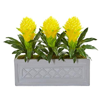 Product: Nearly Natural Bromeliad Artificial Stone Planter Silk Plants, Yellow