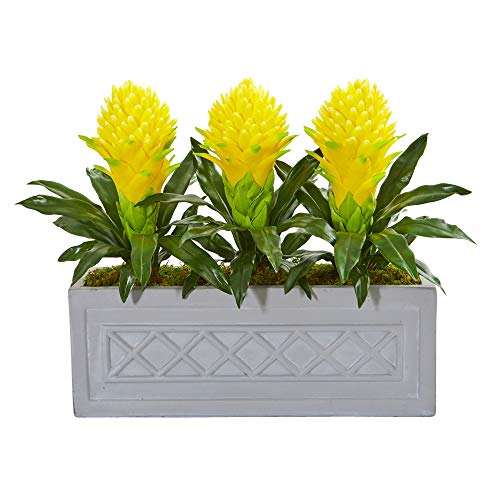 Nearly Natural Bromeliad Artificial Stone Planter Silk Plants, Yellow - Artificial Flower Arrangements Product: Nearly Natural Bromeliad Artificial Stone Planter Silk Plants, Yellow
