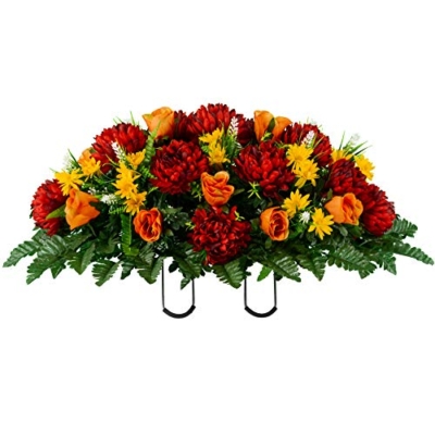 Product: Sympathy Silks Artificial Cemetery Flowers – Realistic Vibrant Roses, Outdoor Grave Decorations - Non-Bleed Colors, and Easy Fit - 1 Burgundy Mum and Orange Rose Saddle for Headstone