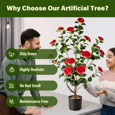 Silky Flower Store Artificial Camellia Fake Tree, 2PCS Indoor Outdoor Decorative Silk Floral Tree, 3.8FT 12 12 Product: Artificial Camellia Fake Tree 3.8FT, 2PCS Artificial Plants and Flowers for Front Door Decoration, Porch Patio Living Room Office and Indoor Outdoor Decoration