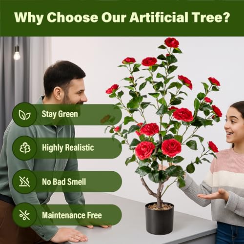 Silky Flower Store Artificial Camellia Fake Tree, 2PCS Indoor Outdoor Decorative Silk Floral Tree, 3.8FT 4 4 Product: Artificial Camellia Fake Tree 3.8FT, 2PCS Artificial Plants and Flowers for Front Door Decoration, Porch Patio Living Room Office and Indoor Outdoor Decoration