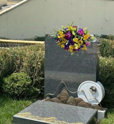 Product: Jucgghk Vivid and Realistic Floral Art 36" Yellow and Purple Cemetery Saddle, Headstone Saddle Arrangement for Outdoor Gravestone Decorations