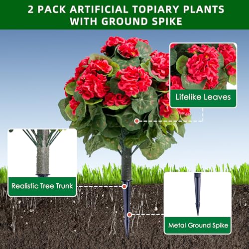 Product: 21.6" Artificial Flower Ball Tree with Ground Spike, Fake Silk Topiary Trees for Home Decor Garden Patio and Indoor,2 Pack, Red Begonia