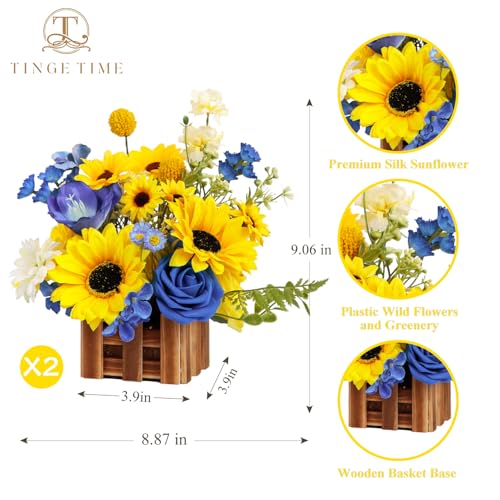Product: TINGE TIME Wedding Centerpiece Flower with Basket, Set of 2 Large Artificial Flowers Floral Arrangement for Tabletop Mantel Archway Aisle (Sunflower & RoyalBlue)