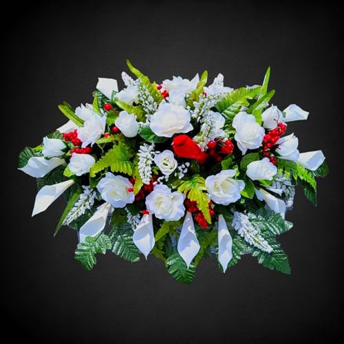 Silky Flower Store Cream Calla Lilies Headstone Saddle, Red Roses Grave Flowers, Winter Memorial Decoration, 30x22x10in 1 1 Product: Cream Calla Lilies Headstone Saddle, Roses Red Berries Grave Flowers for Cardinal Funeral or Cemetery Decoration Garland for Table Centerpiece Holiday Party Weddi