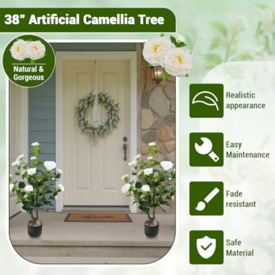 Product: 2 Pack Artificial Camellia Tree, 38 Inch Flower Plants Artificial Plant, Faux Floral Plant Blooming Tree in Cement Pot, Greenery Potted Plant for Indoor Outdoor Office Home Porch Decor
