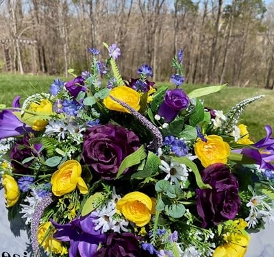 Product: Jucgghk Vivid and Realistic Floral Art 36" Beautiful Purple and Yellow Flowers Cemetery Saddle, Headstone Saddle for Outdoor Cemetery Decoration