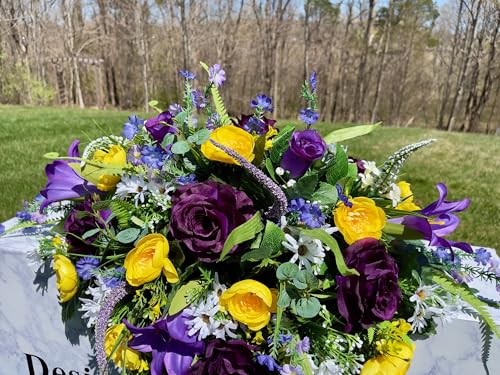 Product: Jucgghk Vivid and Realistic Floral Art 36" Beautiful Purple and Yellow Flowers Cemetery Saddle, Headstone Saddle for Outdoor Cemetery Decoration