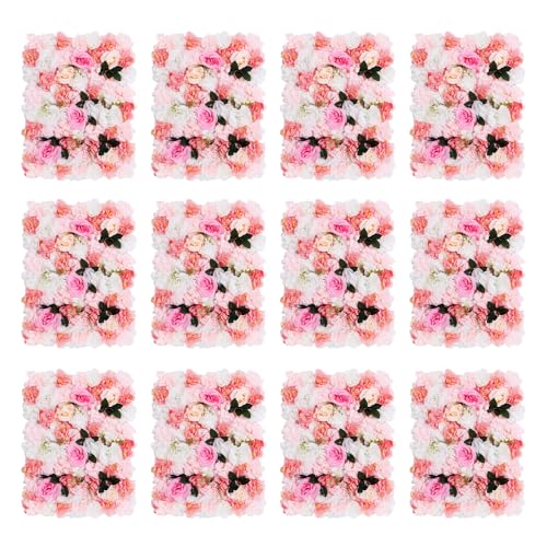 Product: 12-Pack Artificial Flower Wall Panels - 15.7"x23.6" Foam Dahlia & Rose Backdrop for Weddings, Parties - Pink/White/Green Silk Flowers