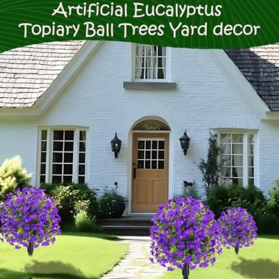 Product: 22.8" Set of 2 Fall Artificial Boxwood Topiary Ball Trees with Spikes,UV Resistant Fake Outdoor shrubs with Violet Flowers, Realistic Faux Plants Bushes for Garden Porch Yard Patio Decor(Purple)