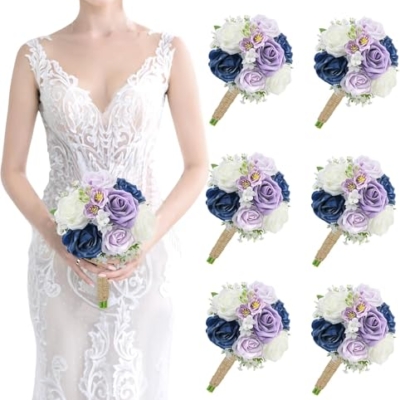 Product: Attractive Bridesmaid Bouquets of 6 Pieces and 3 Small Floral Arrangements, Artificial Flowers, Suitable for Decorating The Anniversary of The Bride's Wedding Center