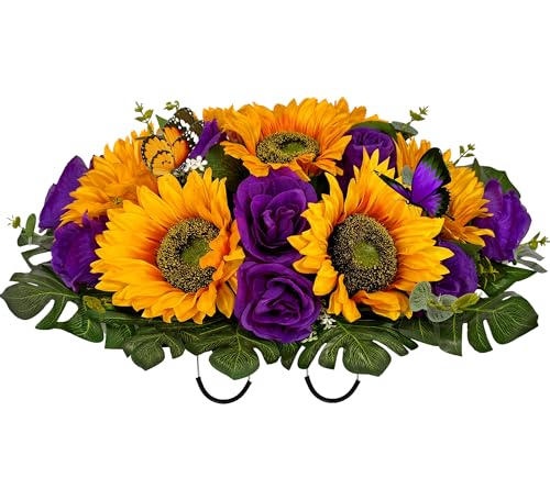 Product: SUHOOKOO Cemetery Flowers for Grave Decor,Silk Sunflower Rose Headstone Flower Saddle, Bright and Colorfast,Purple/Yellow