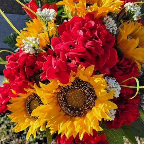 Product: Yellow Sunflower Red Geranium Gladiolus Large Cemetery Saddle & Cone Pair - 3 Memorial Decorations - Realistic Silk Faux Floral Artificial Grave Flowers for Headstone