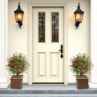 Product: Set of 2 Fall Boxwood Topiary Ball Trees Artificial Outdoor with Ground Spike, 22.3"UV Resistant Faux Shrubs with Mum Flowers, Fake Outdoor Bushes Plants for Garden Yard Porch Patio decor Red