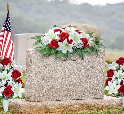 Product: XONOR Artificial Cemetery Flower Saddles, Cemetery Memorial Flowers with Vase for Grave Tombstone Decorations, Lily Rose Headstone Flowers Saddle(1 Saddle 2 Bouquets)