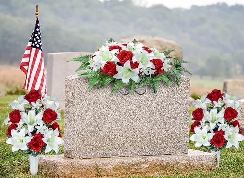 Product: XONOR Artificial Cemetery Flower Saddles, Cemetery Memorial Flowers with Vase for Grave Tombstone Decorations, Lily Rose Headstone Flowers Saddle(1 Saddle 2 Bouquets)
