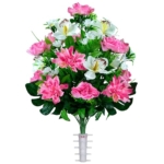 Product: Sympathy Silks Artificial Cemetery Flowers - Outdoor Grave Decorations - (1) Pink Dahlia Pink Rose with White Orchid Mix Bouquet