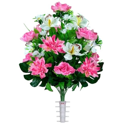 Product: Sympathy Silks Artificial Cemetery Flowers - Outdoor Grave Decorations - (1) Pink Dahlia Pink Rose with White Orchid Mix Bouquet
