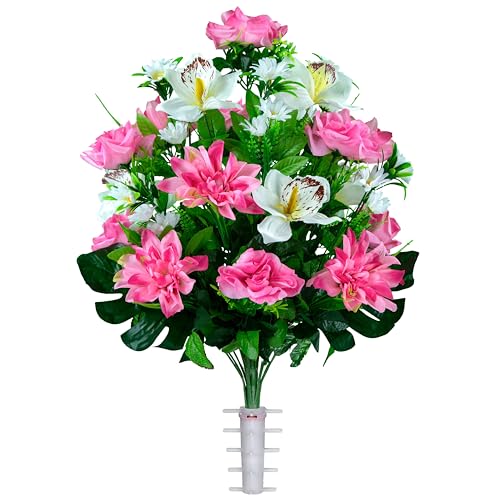 Product: Sympathy Silks Artificial Cemetery Flowers - Outdoor Grave Decorations - (1) Pink Dahlia Pink Rose with White Orchid Mix Bouquet