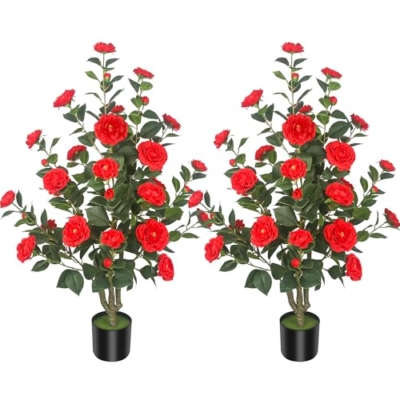 Product: HanJoy 2Pack 39.37" Artificial Camellia Trees with 32 Red Flowers in Cement Pots – Lifelike Fake Trees for Front Porch, Home, Indoor Outdoor Spring Decor, Office or Housewarming Gifts
