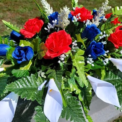 Silky Flower Store Cemetery Saddle Memorial Decoration, Red White and Blue Roses Calla Lilies, Artificial Silk Memorial Flowers, 20.5cm 14 14 Product: Cemetery Saddle Memorial Decoration - Realistic Silk Faux Floral Artificial Grave Flowers - Red White and Blue Roses and Calla Lilies for Headstone Decorating