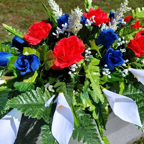Silky Flower Store Cemetery Saddle Memorial Decoration, Red White and Blue Roses Calla Lilies, Artificial Silk Memorial Flowers, 20.5cm 5 5 Product: Cemetery Saddle Memorial Decoration - Realistic Silk Faux Floral Artificial Grave Flowers - Red White and Blue Roses and Calla Lilies for Headstone Decorating