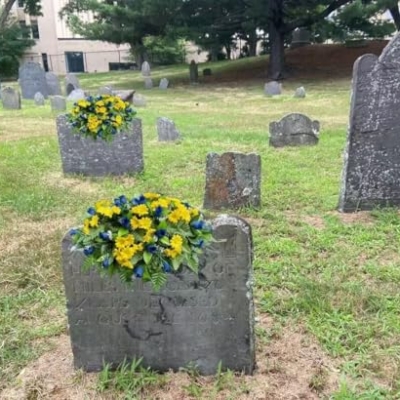 Product: Jucgghk Vivid and Realistic Floral Art 22-24" Blue Roses and Yellow Daisies Cemetery Saddle, Headstone Saddle Arrangement,Memorial Flowers for Grave Tombstone Decorations