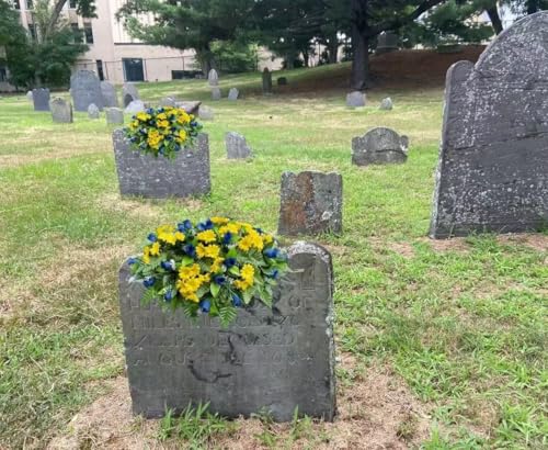 Product: Jucgghk Vivid and Realistic Floral Art 22-24" Blue Roses and Yellow Daisies Cemetery Saddle, Headstone Saddle Arrangement,Memorial Flowers for Grave Tombstone Decorations