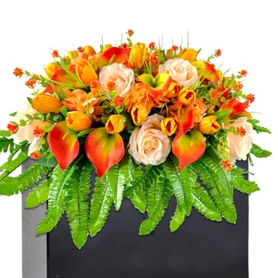 Product: FLOWERIA Artificial Cemetery Flowers - Outdoor Grave Saddle for Headstone Decorations with Orange Roses Tulips