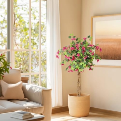 Product: Bougainvillea Artificial Tree, Faux Floor Plant with Pot, 4ft Tall Fake Tropical Tree for Indoor Outdoor Decor
