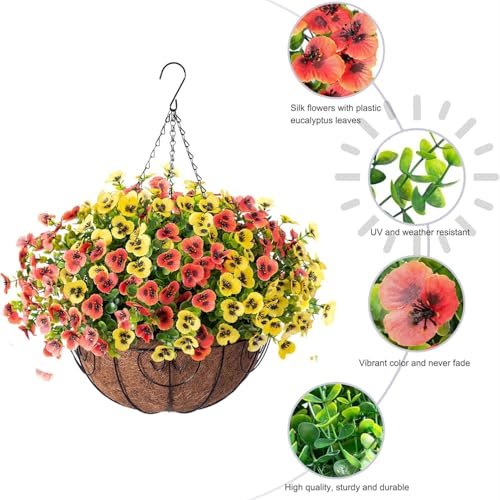 Product: Siganorpy 12 Bundles Artificial Flowers Outdoors Pansy Plants Fake Flowers Decor Eucalyptus Artificial Grass Shrubs Bushes UV Resistant Plastic Flowers Fern for Garden Porch Home (Red+Yellow)