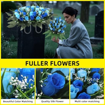 Product: 3Pack Artificial Cemetery flowers for grave,Headstone flower saddle Gravesite Decoration Roses Memorial Bouquets with Cemetery Vase for Cemetery Decorations Non-Fading Easy Fit (Blue)