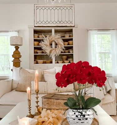Product: Briful Red Orchid Artificial Flowers 18" Large Silk Orchid with Silver Ceramic Pots Fake Orchid Arrangement for Home Office Bathroom Living Room Table Decoration
