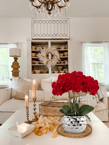 Product: Briful Red Orchid Artificial Flowers 18" Large Silk Orchid with Silver Ceramic Pots Fake Orchid Arrangement for Home Office Bathroom Living Room Table Decoration
