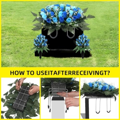 Product: 3Pack Artificial Cemetery flowers for grave,Headstone flower saddle Gravesite Decoration Roses Memorial Bouquets with Cemetery Vase for Cemetery Decorations Non-Fading Easy Fit (Blue)