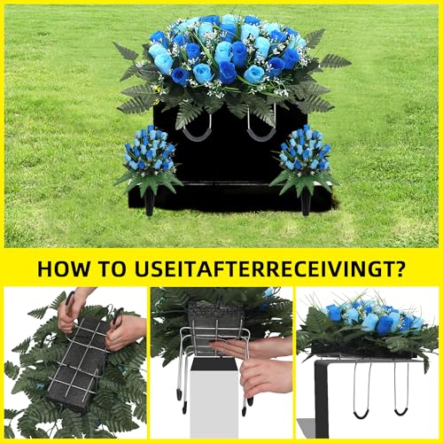 Product: 3Pack Artificial Cemetery flowers for grave,Headstone flower saddle Gravesite Decoration Roses Memorial Bouquets with Cemetery Vase for Cemetery Decorations Non-Fading Easy Fit (Blue)