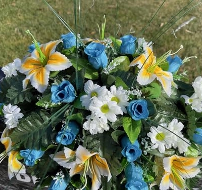 Product: Jucgghk Vivid and Realistic Floral Art 24" Artificial Cemetery Flowers Saddle,Cemetery Grave Decoration Headstone Flower for Outdoor Grave Decorations (Yellow Blue)