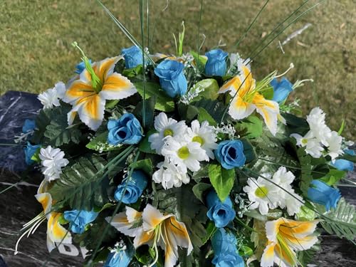 Product: Jucgghk Vivid and Realistic Floral Art 24" Artificial Cemetery Flowers Saddle,Cemetery Grave Decoration Headstone Flower for Outdoor Grave Decorations (Yellow Blue)