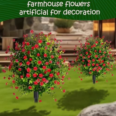 Product: Set of 2 Fall Boxwood Topiary Ball Trees Artificial Outdoor with Ground Spike, 22.3"UV Resistant Faux Shrubs with Mum Flowers, Fake Outdoor Bushes Plants for Garden Yard Porch Patio decor Red
