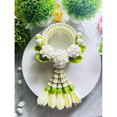 Product: Handmade Thai Garland – Artificial Jasmine Lei with Clay Orchid & Crown Flowers, 10” Long Floral Decoration for Home Altar & Spiritual Gift