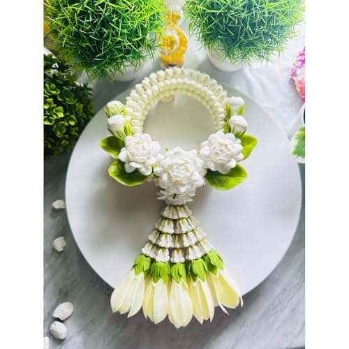Product: Handmade Thai Garland – Artificial Jasmine Lei with Clay Orchid & Crown Flowers, 10” Long Floral Decoration for Home Altar & Spiritual Gift