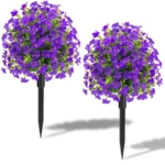 Product: 22.8" Set of 2 Fall Artificial Boxwood Topiary Ball Trees with Spikes,UV Resistant Fake Outdoor shrubs with Violet Flowers, Realistic Faux Plants Bushes for Garden Porch Yard Patio Decor(Purple)