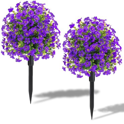 Product: 22.8" Set of 2 Fall Artificial Boxwood Topiary Ball Trees with Spikes,UV Resistant Fake Outdoor shrubs with Violet Flowers, Realistic Faux Plants Bushes for Garden Porch Yard Patio Decor(Purple)
