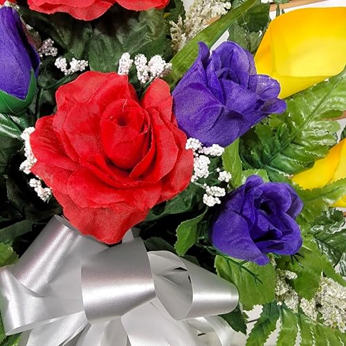 Product: Red Yellow Headstone Saddle and Cemetery Cone Set, Purple Calla Lilies and Roses Multicolored Silk Grave Flowers for Commemorating Cemetery Garland for Table Centerpiece Holiday Party Weddi