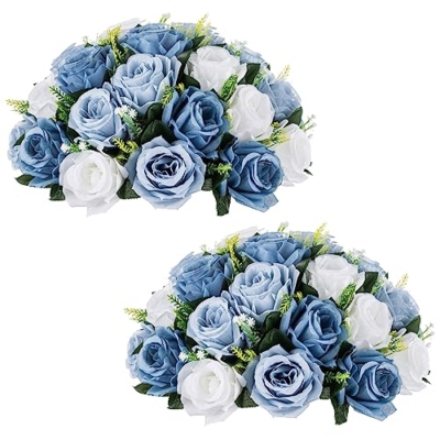 Product: NUPTIO Large Artificial Flower Centerpieces - 2 Pcs 13.8in Diameter Dusty Blue & White Fake Flowers Roses Balls - Silk Faux Rose Arrangement for Tables Wedding Party Centerpiece Table Decorations